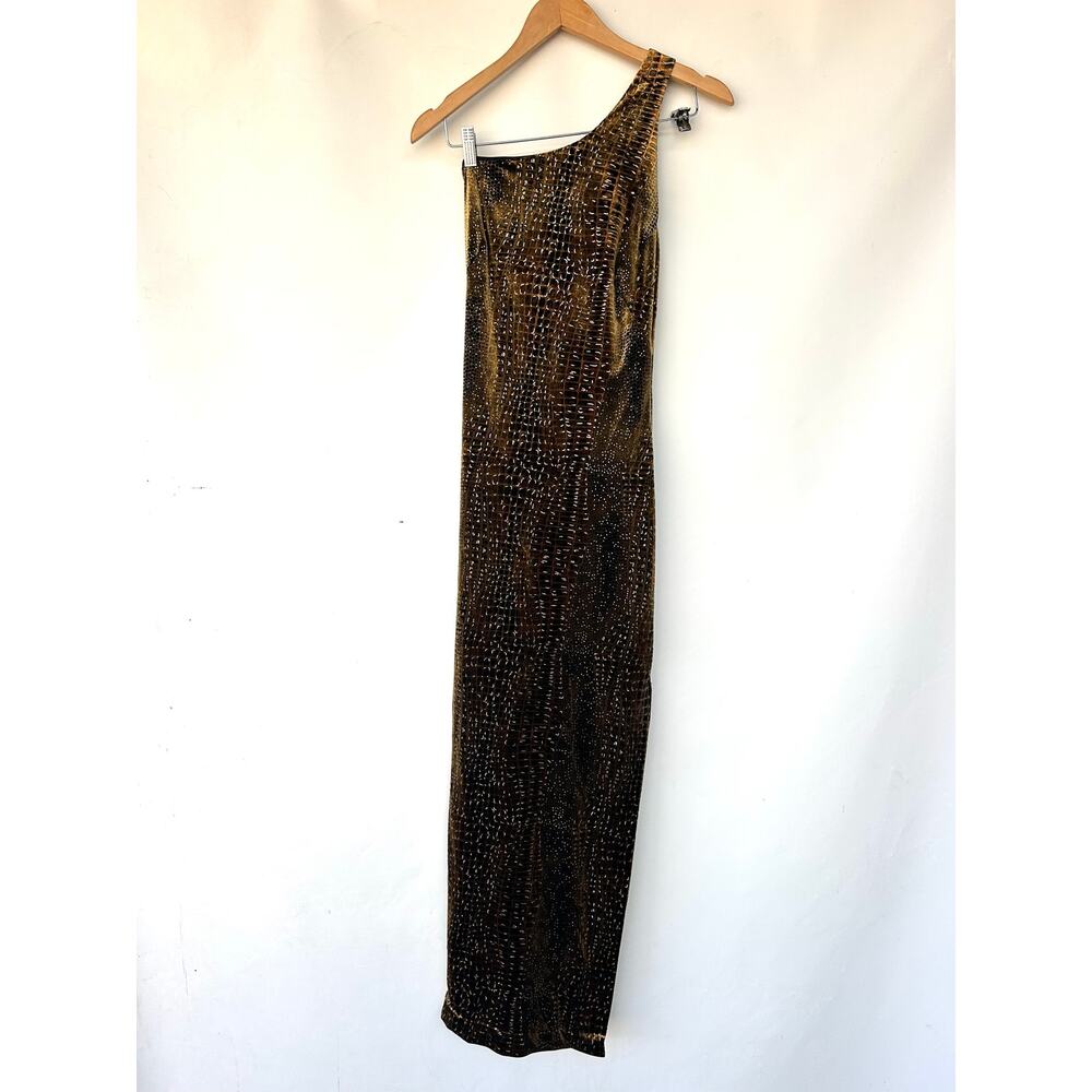 Vintage Y2K Cache Velvet Maxi Dress Brown Gold One Shoulder Gown 8 Slit - Picture 2 of 10